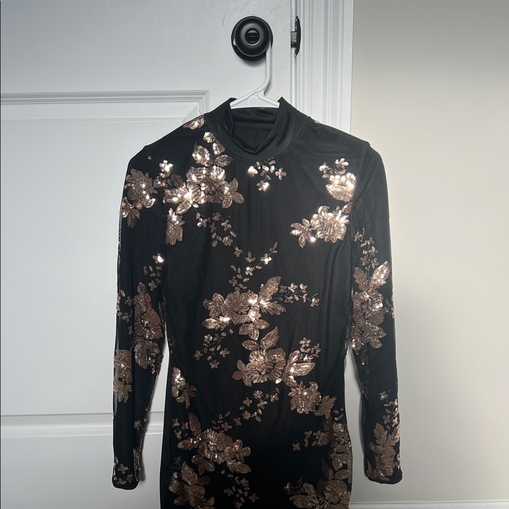 Black Dress with Gold Floral Sequin Design